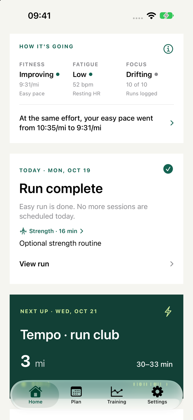 RunCoached Home screen with the next planned run and recent training. Synthetic example.